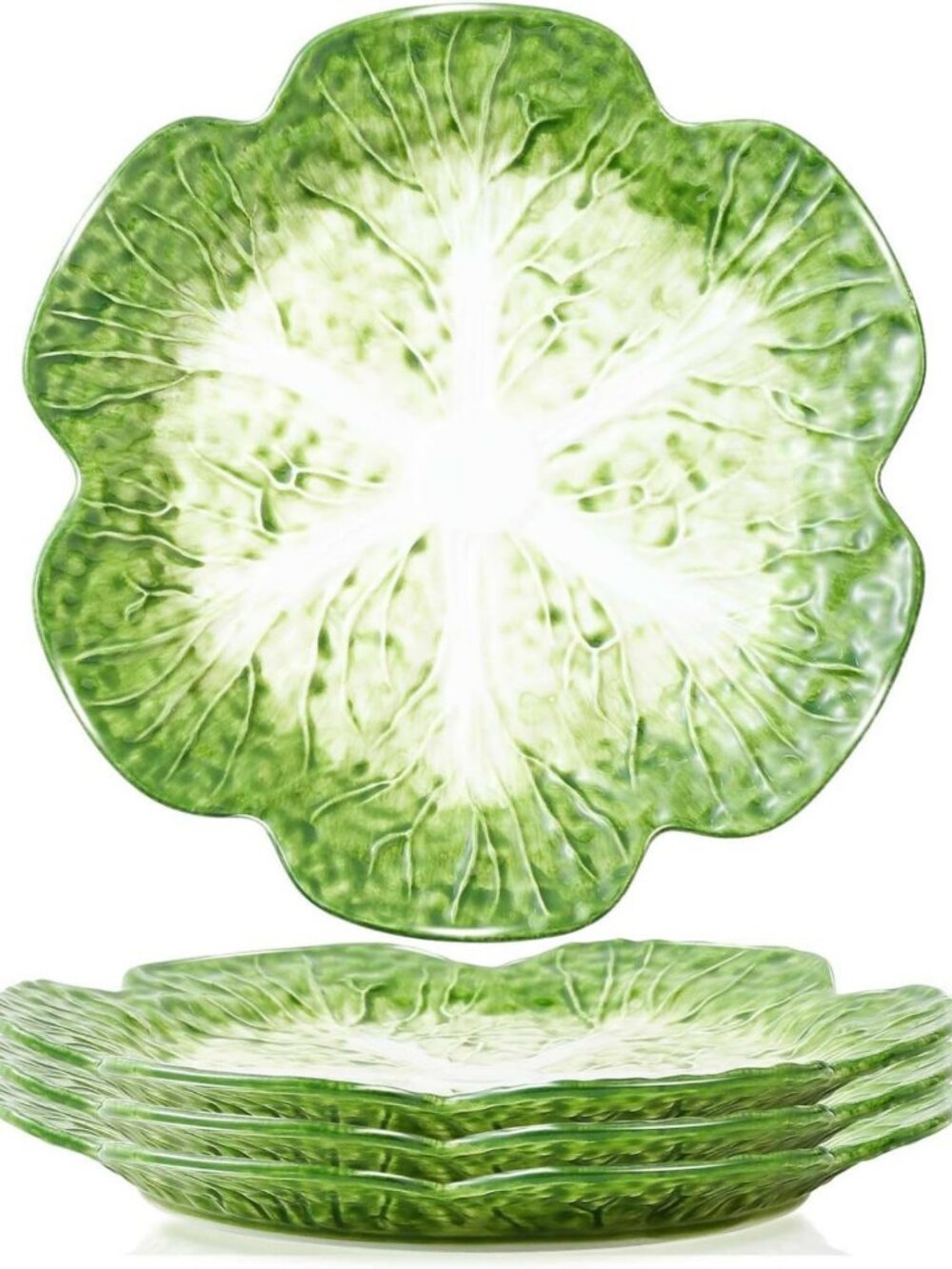 Set of 4 Green Ceramic Cabbage Plates - 10.5" Decorative Salad & Appetizer Bowls